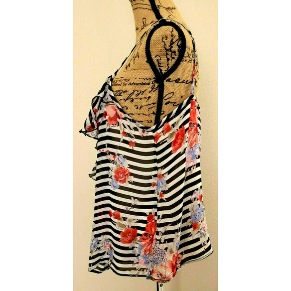 Pure Energy Blouse Sleeveless Stripe Floral Ruffle - Picture 2 of 8